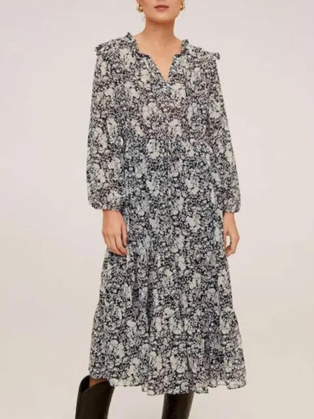 MANGO Monochrome Floral Print Tiered Midi Dress Size 6